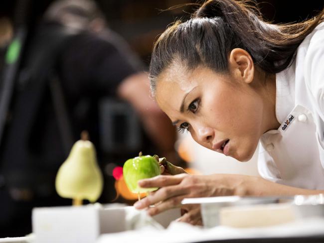 Channel 10 Chan working on her trio of fruits dessert.
